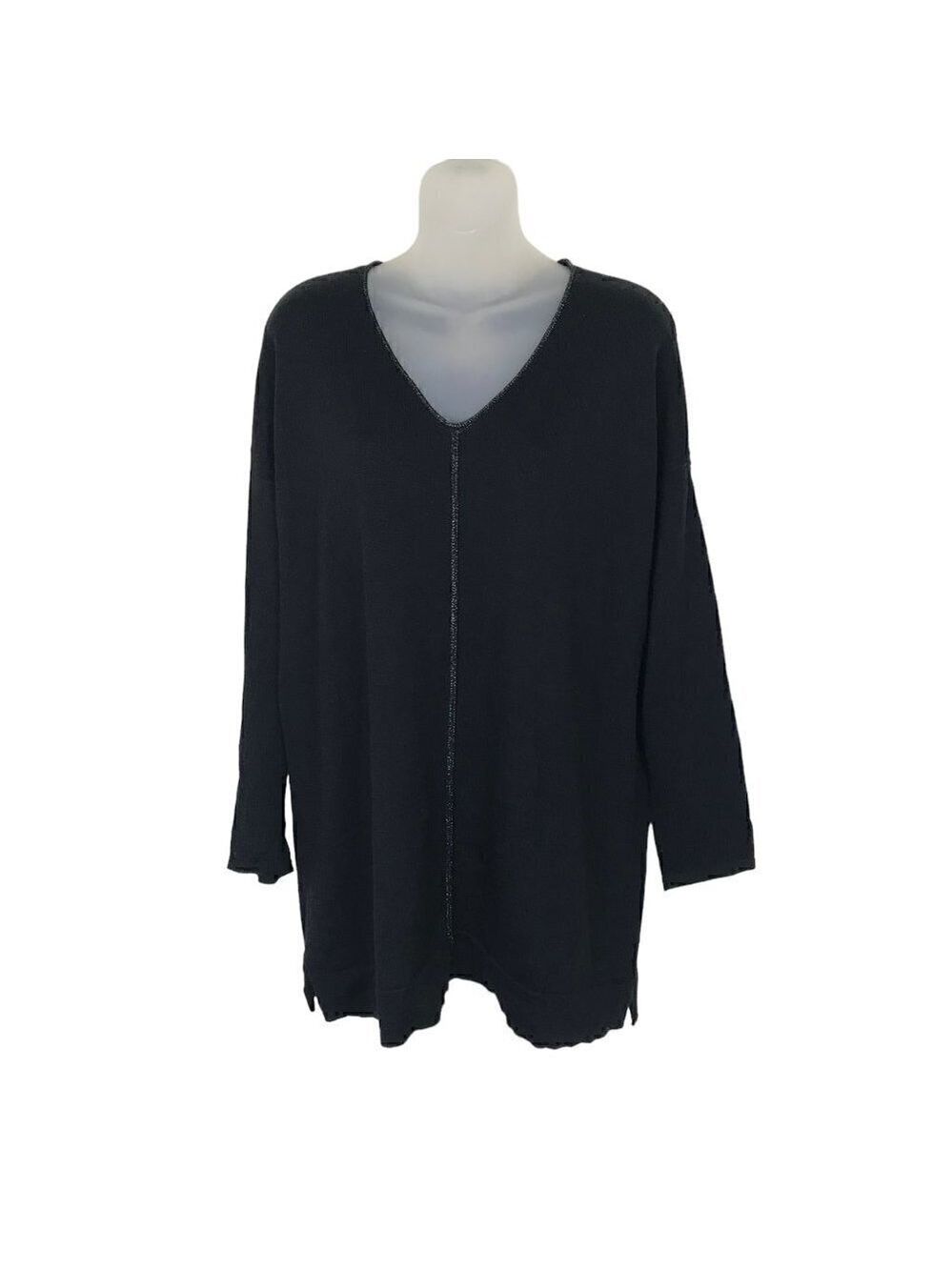 Eileen Fisher 98% Merino Wool Black  V- neck Oversized Sweater  Size XXS